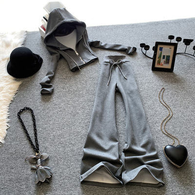 休闲灰色短款连帽卫衣阔腿裤套装