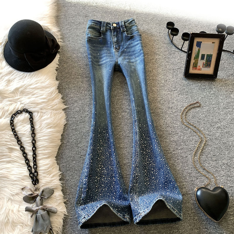 满天星烫钻微喇叭牛仔裤女春季2026新款辣妹高腰显瘦修身马蹄裤子