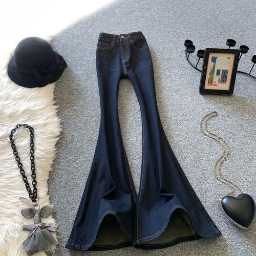 深蓝色超大喇叭牛仔裤女弹力修身