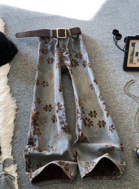 复古提花阔腿牛仔裤女冬季加绒提花高腰宽松显瘦美式高街弯刀裤潮