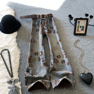 复古提花阔腿牛仔裤女冬季加绒提花高腰宽松显瘦美式高街弯刀裤潮