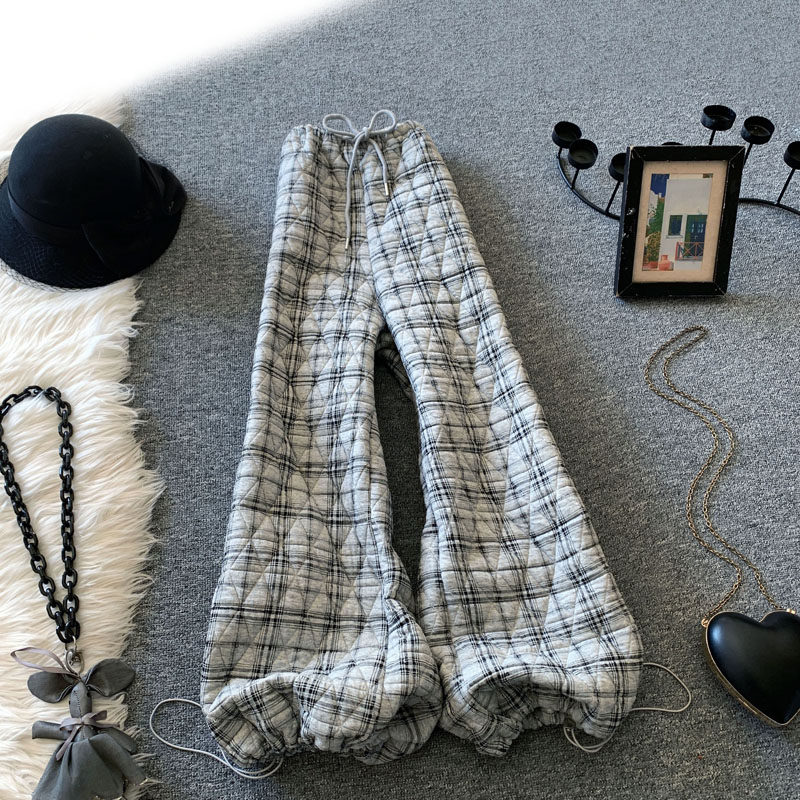 格子棉裤女2025冬季新款复古加厚松紧腰阔腿休闲裤夹棉束脚卫裤潮