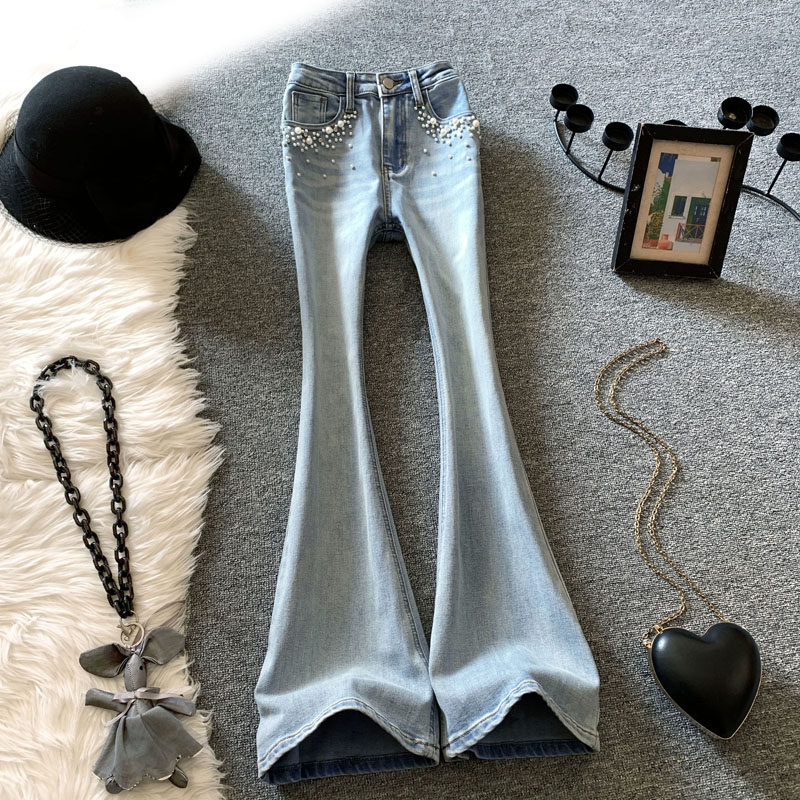 浅蓝钉珠微喇牛仔裤女春季2026新款辣妹高腰显瘦修身马蹄喇叭长裤