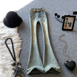浅蓝色破洞微喇叭牛仔裤女春夏美式复古显瘦马蹄裤修身弹力微喇裤