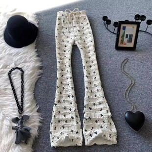 子 高腰蕾丝花边直筒休闲垂感拖地裤 白色蝴蝶结印花微喇裤 女春夏季