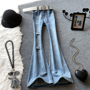 蓝色破洞阔腿微喇牛仔裤女夏季新款高腰窄版不贴腿显瘦直筒喇叭裤