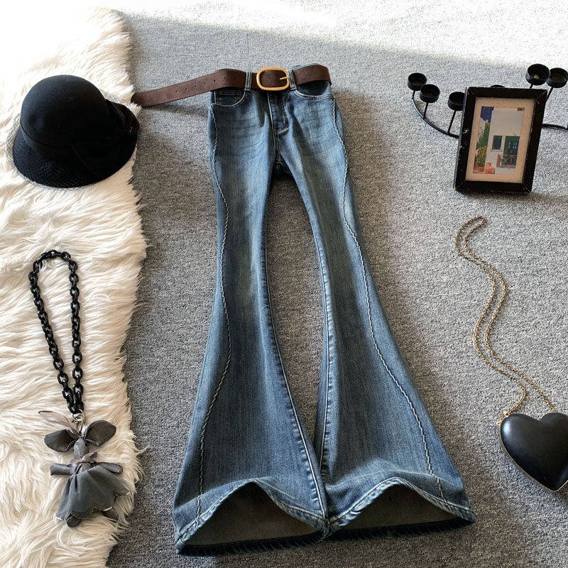 复古蓝色高腰显瘦微喇叭牛仔裤冬