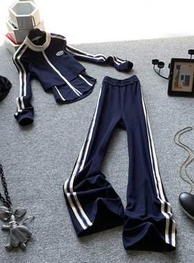 休闲时尚运动套装女春秋显瘦立领侧条纹假两件上衣阔腿裤两件套潮