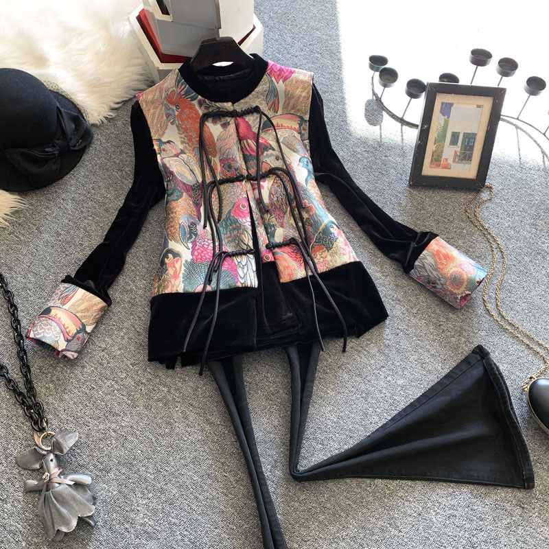 2025春季新款新中式唐装盘扣轻国风马甲+丝绒长袖刺绣上衣两件套