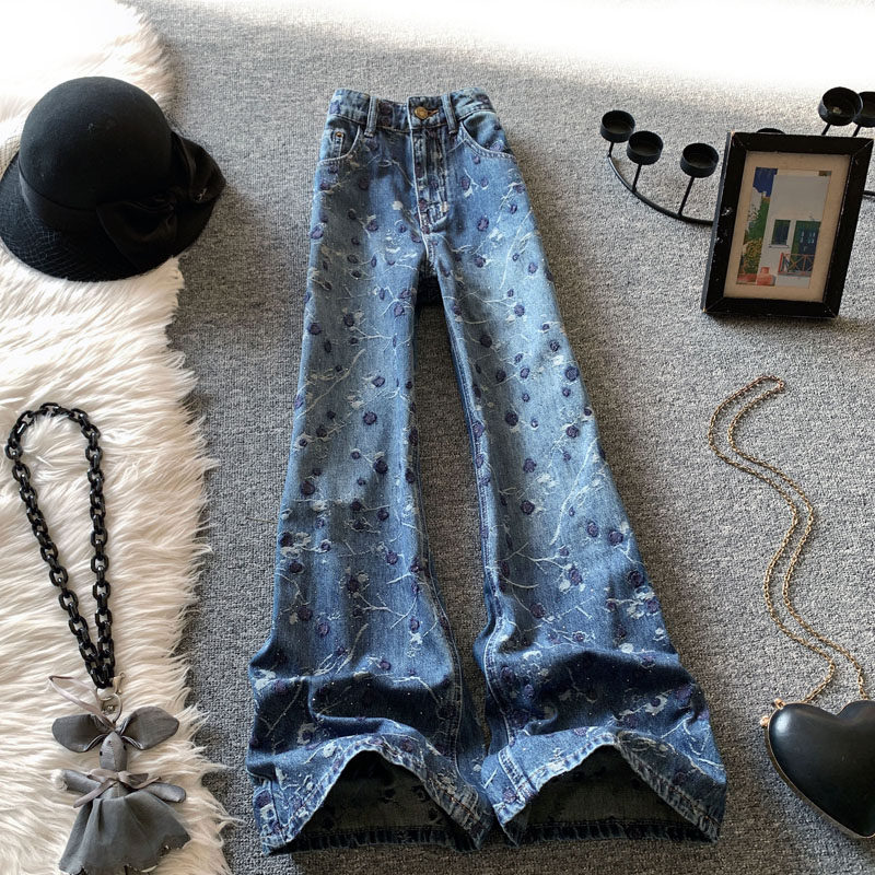 复古提花烫钻阔腿牛仔裤女2026春季新款高腰显瘦宽松直筒长裤蓝色