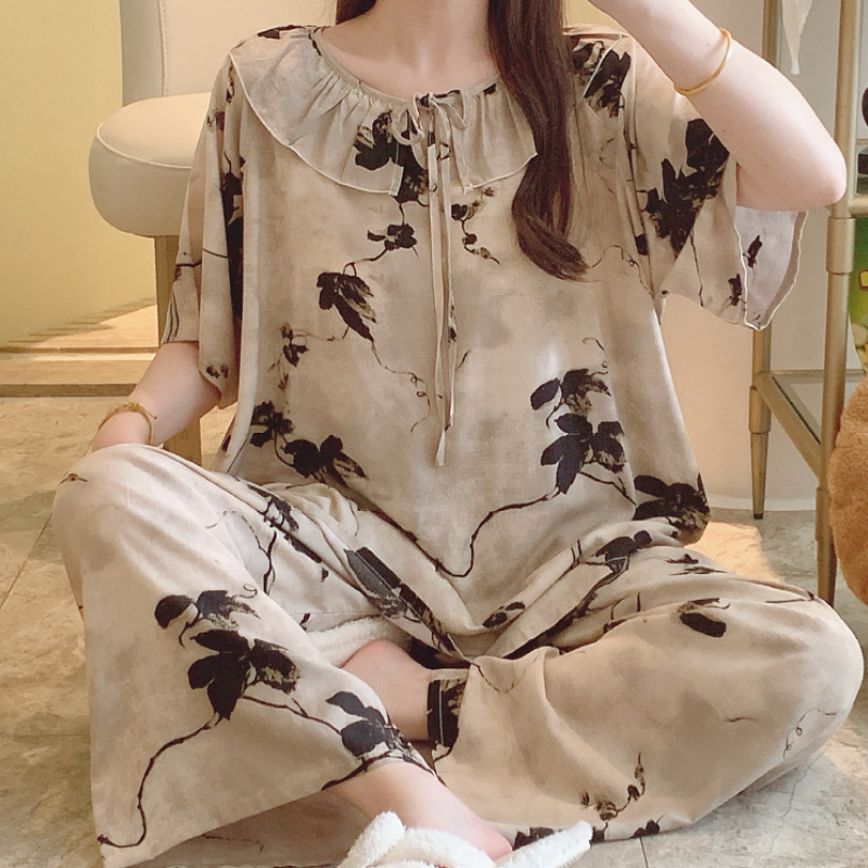 棉绸睡衣女短袖中裤薄款套装图片
