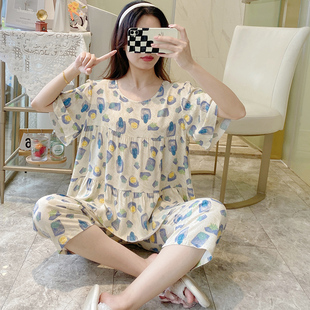 可爱卡通套装 绵绸睡衣女夏季 棉绸大码 短袖 可外穿人造棉家居服 薄款