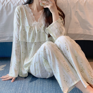 绵绸睡衣女春秋季 V领双层防凸点可外穿夏天人造棉家居服 薄款 套装