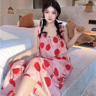 吊带睡裙女棉绸夏防凸点可外穿超长到脚裸连衣裙人造棉睡衣家居服