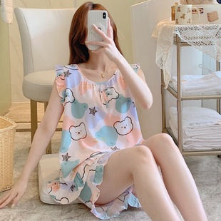外穿学生人造棉家居服 棉绸睡衣女夏薄款 可爱卡通背心无袖 短裤 套装