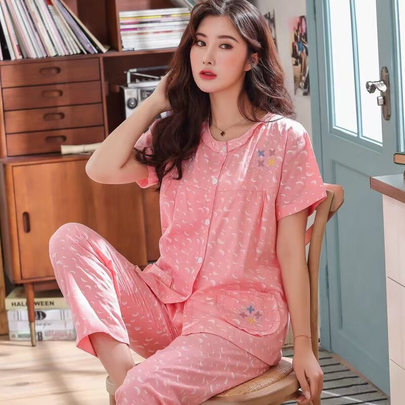 棉布睡衣短袖夏季女士长裤短袖梭织棉布睡衣女月子服加大码家居服