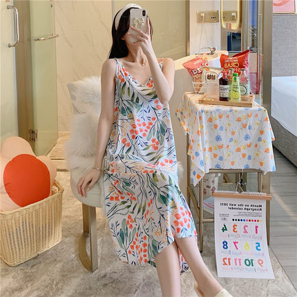 吊带睡裙女棉绸夏中长薄款碎花宽松大码性感连衣裙人造棉睡衣家居