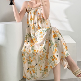 碎花高级性感休闲人造棉睡衣家居服 棉绸睡裙女吊带长连衣裙夏薄款