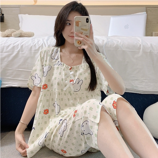 睡衣女棉绸夏季 休闲薄款 短袖 卡通大码 可外穿人造棉居家服 中裤 套装