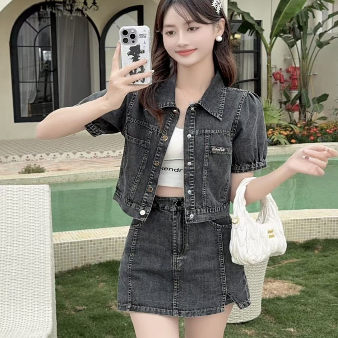 复古牛仔套装女2025夏新款百搭短款牛仔外套高腰显瘦短裤裙两件套