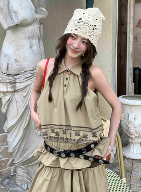 AndAnything 设计师品牌 25年秋季新款猫猫民族印花挂脖驼色上衣