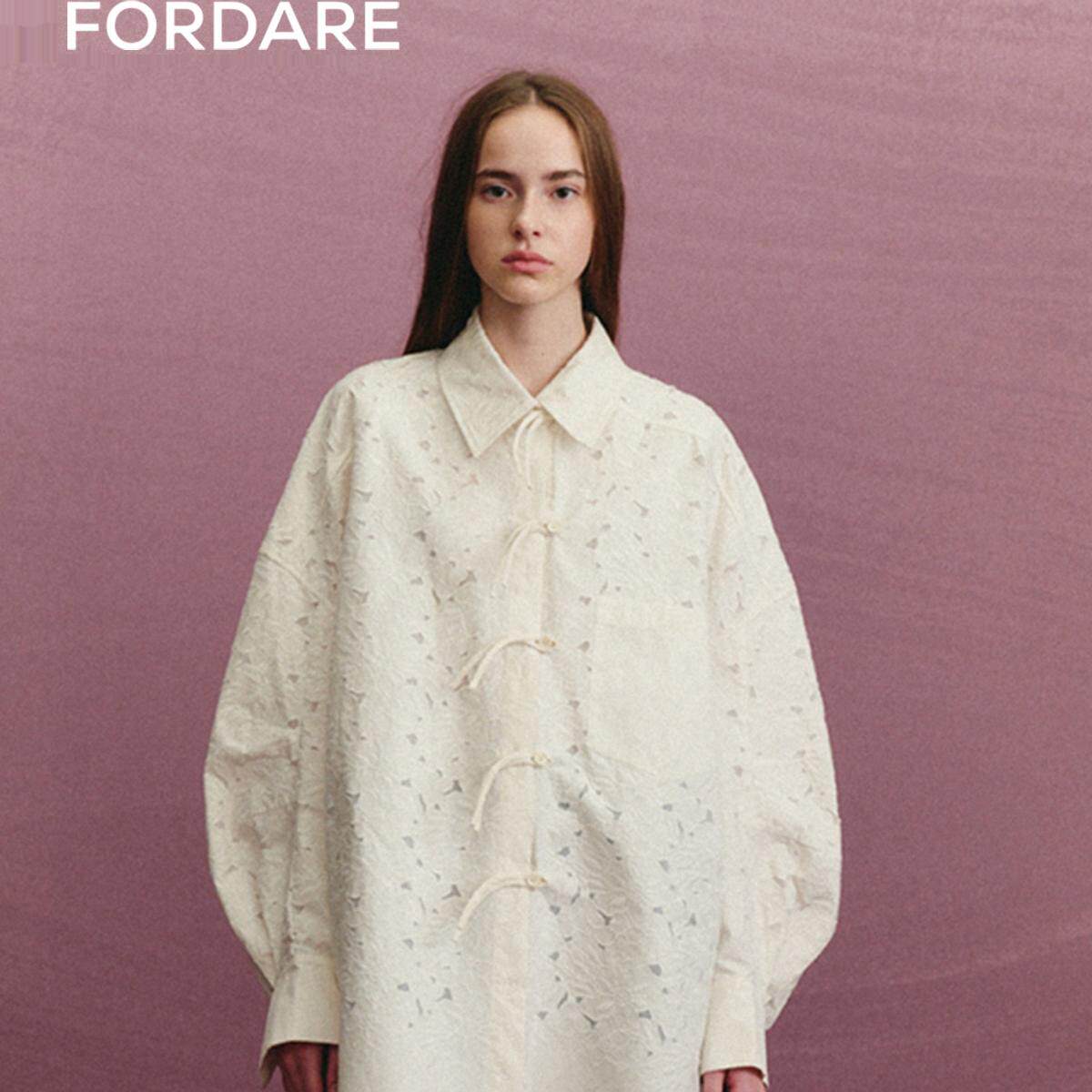 【现货】FORDARE24秋季新品若隐若现刺绣花衬衫长袖纯色衬衣