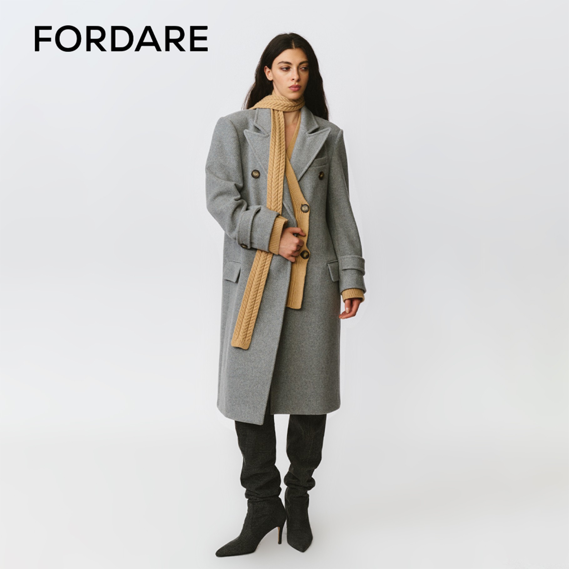 【现货】FORDARE/福蝶25秋冬毛织解构拼接围巾长款大衣