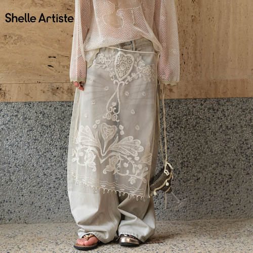 【现货】SHELLE ARTISTE26夏季新款复古做旧宽松跳舞吧牛仔花边裤