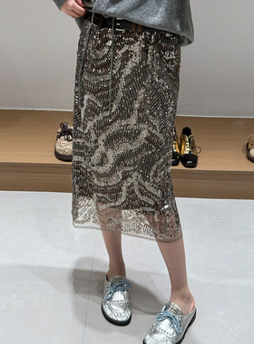 【现货】AVVENN设计师品牌新款 25年秋季银色不规则绣片半身裙