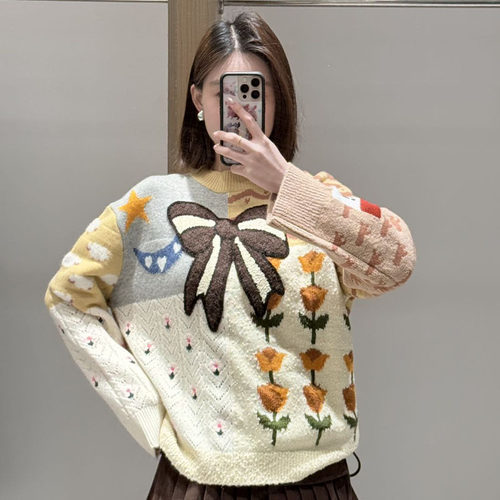 【现货】FORDARE/福蝶26春季设计师新品趣味撞色拼花蝴蝶结套头衫