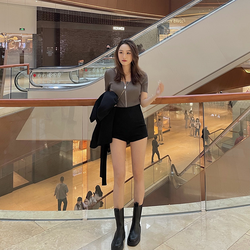 VDO四姑娘 春内搭洋气V领小心机毛衣短袖设计感拉链毛衣开衫打底