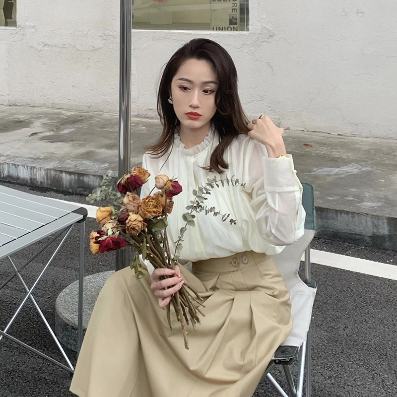 VDO四姑娘 百褶宫廷风雪纺衬衫上衣女雪纺衫防晒衣夏显瘦遮肉上衣