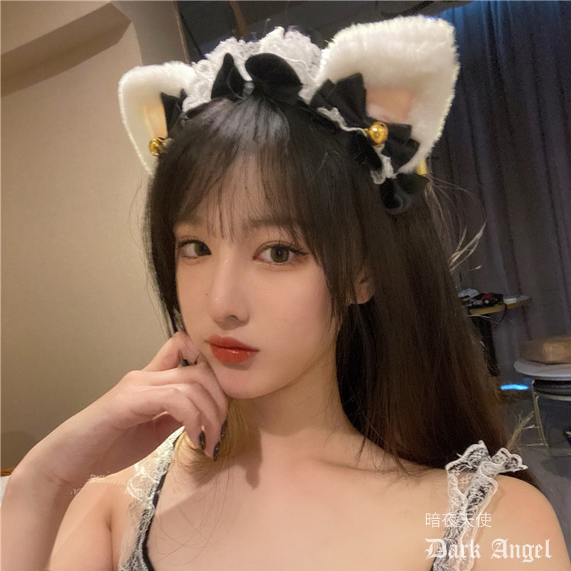 暗黑可爱猫铃铛蕾丝洛丽塔发箍女仆发箍发夹边夹拍照道具直播发饰