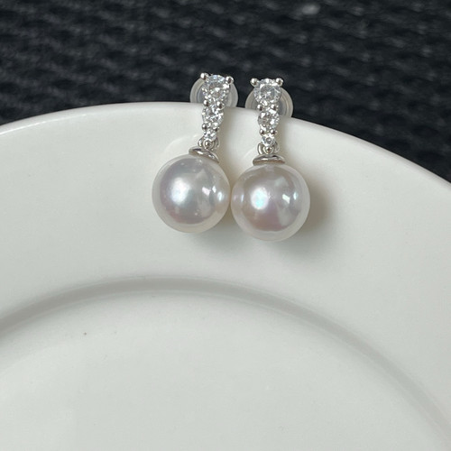 天然淡水珍珠耳环正圆极光微瑕S925纯银耳钉王妃款三钻耳饰耳坠