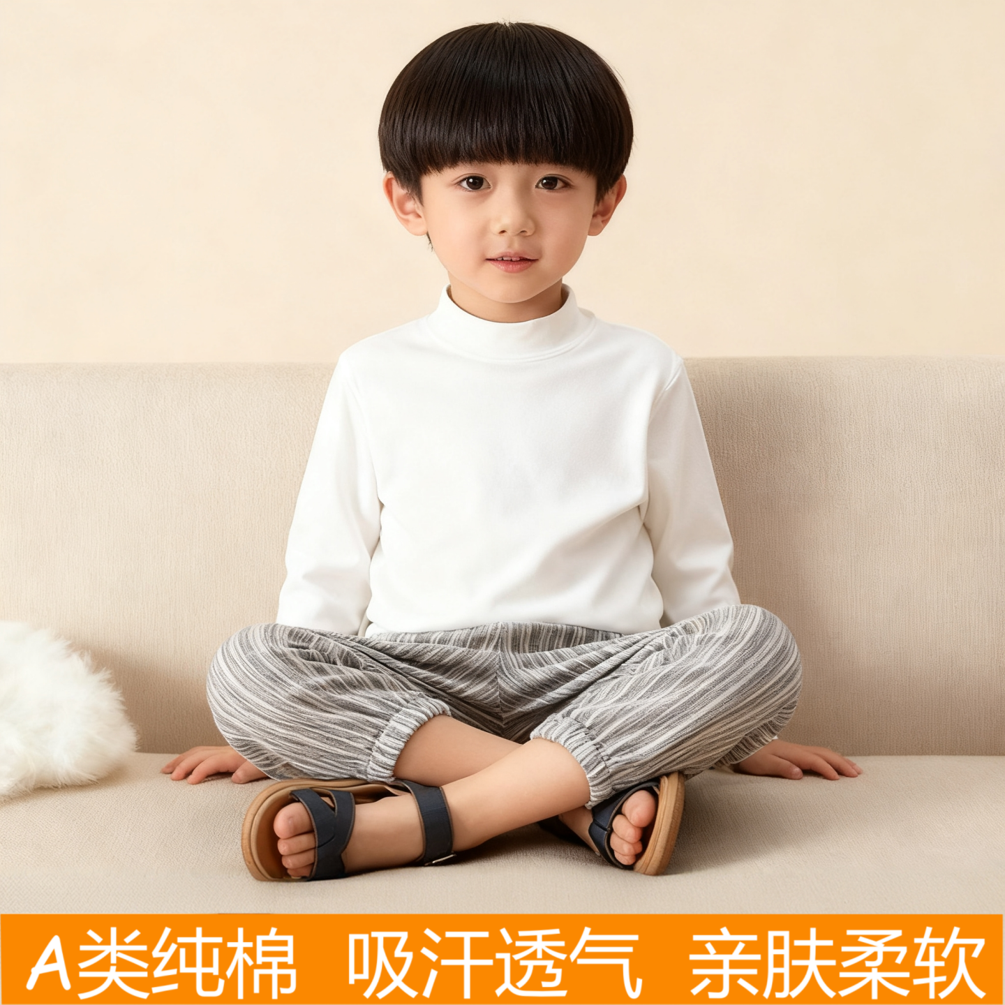 男女秋冬儿童纯棉打底衫白色长袖