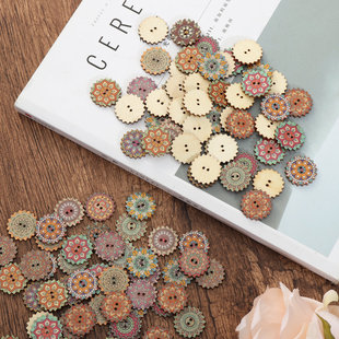 50/100颗20/25mm复古木质纽扣手工diy圆形两眼木扣混装大衣扣子