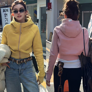 欧货加绒加厚拉链连帽卫衣外套女2024冬季修身百搭开衫棒球服上衣