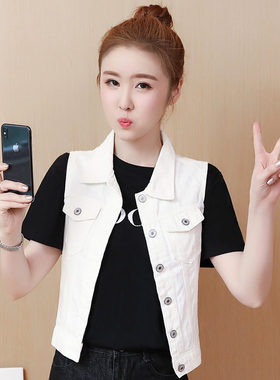 夏装新款牛仔白色马甲 女大码 春夏修身百搭无袖破洞马甲/夹欧美