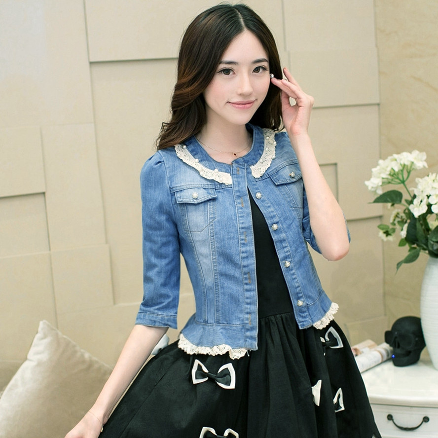 蕾丝花边复古风修身牛仔衣
