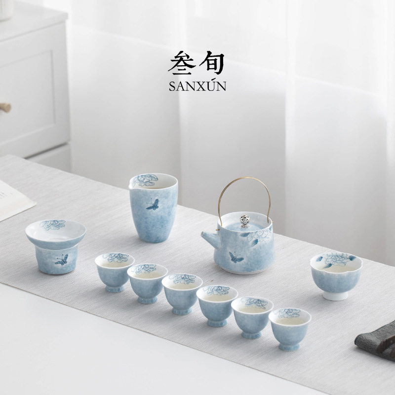 叁旬手绘蝶恋花提梁壶功夫茶具套装整套家用高档轻奢陶瓷套组