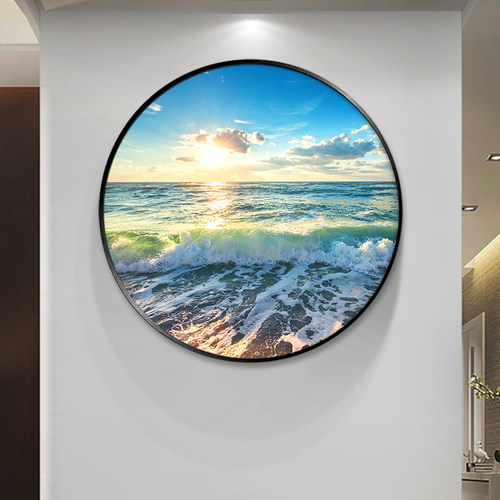 蓝色大海景浪花海洋波浪圆形挂画