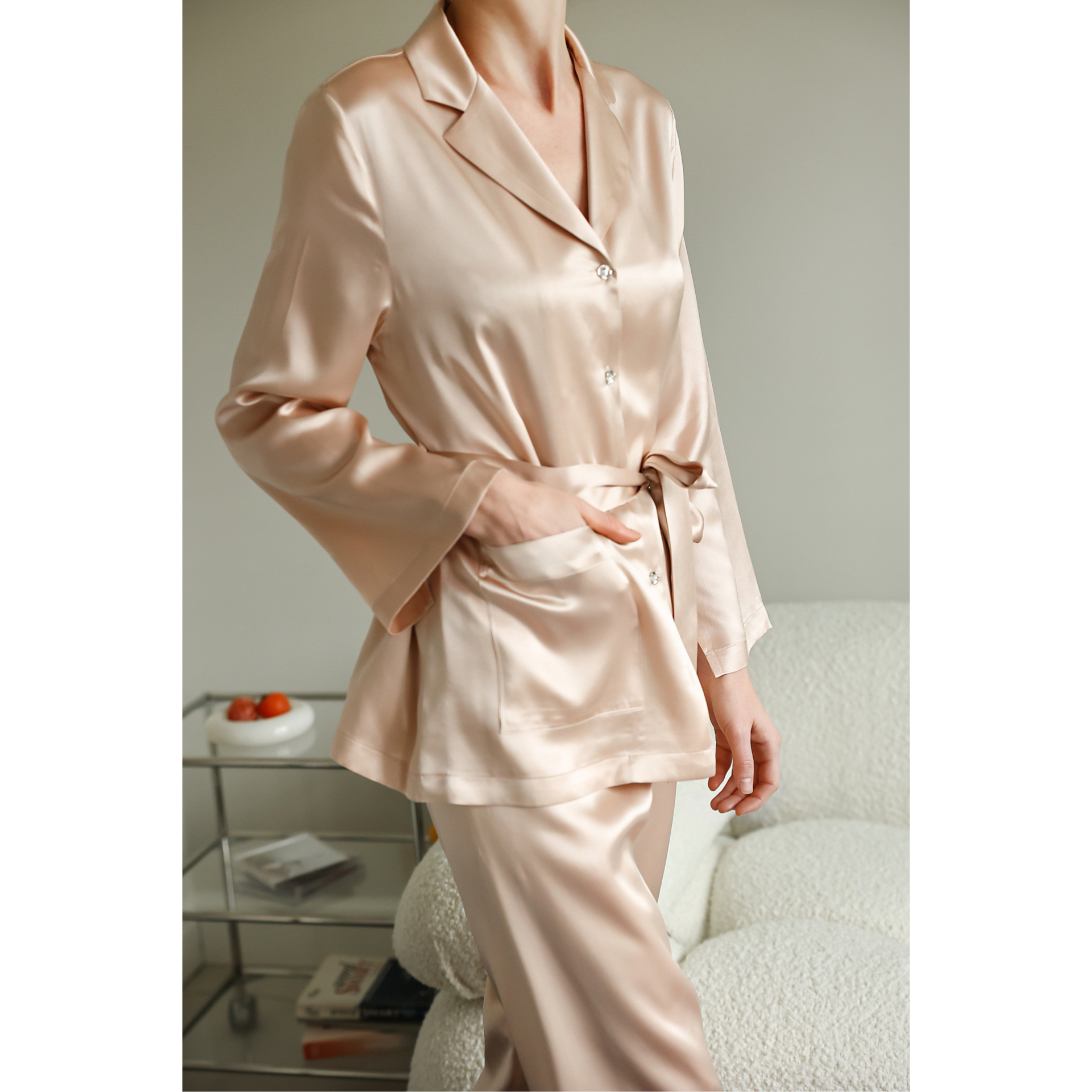 真丝镶边纯色衬衫家居服套装女