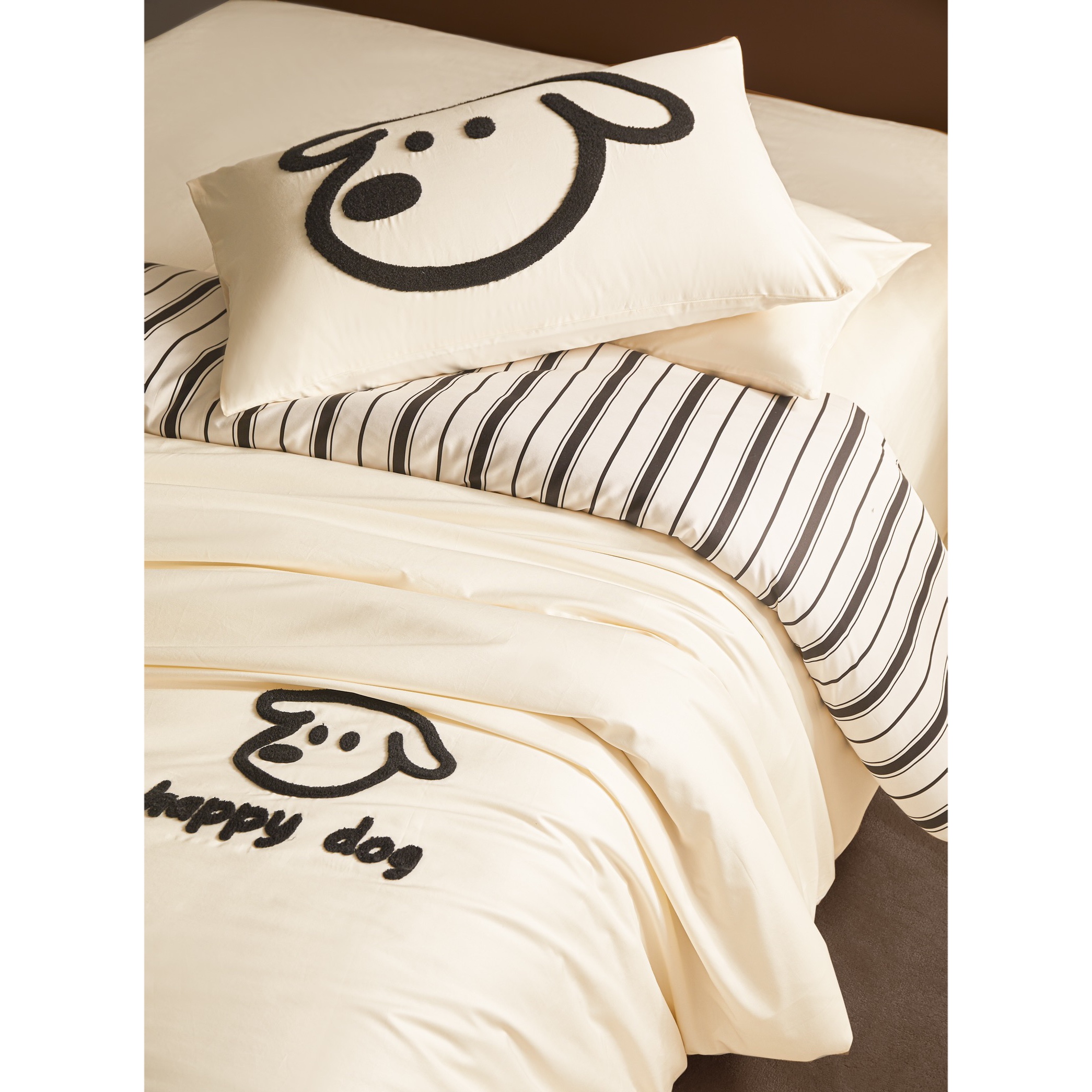 LIWOO｜100S纯棉数码印花四件套 条纹+狗狗毛巾绣工艺床品