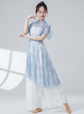 春夏古典舞练功服女新款旗袍领改良国风网纱开叉长裙中国舞蹈服