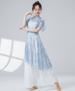 春夏古典舞练功服女新款旗袍领改良国风网纱开叉长裙中国舞蹈服