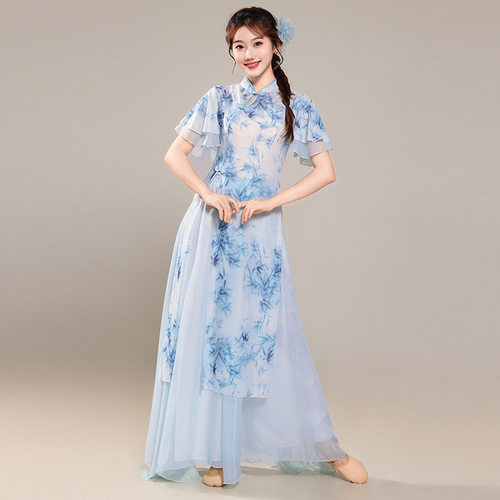新款古典舞演出服青花瓷舞蹈表演服古风舞蹈服旗袍身韵纱衣套装