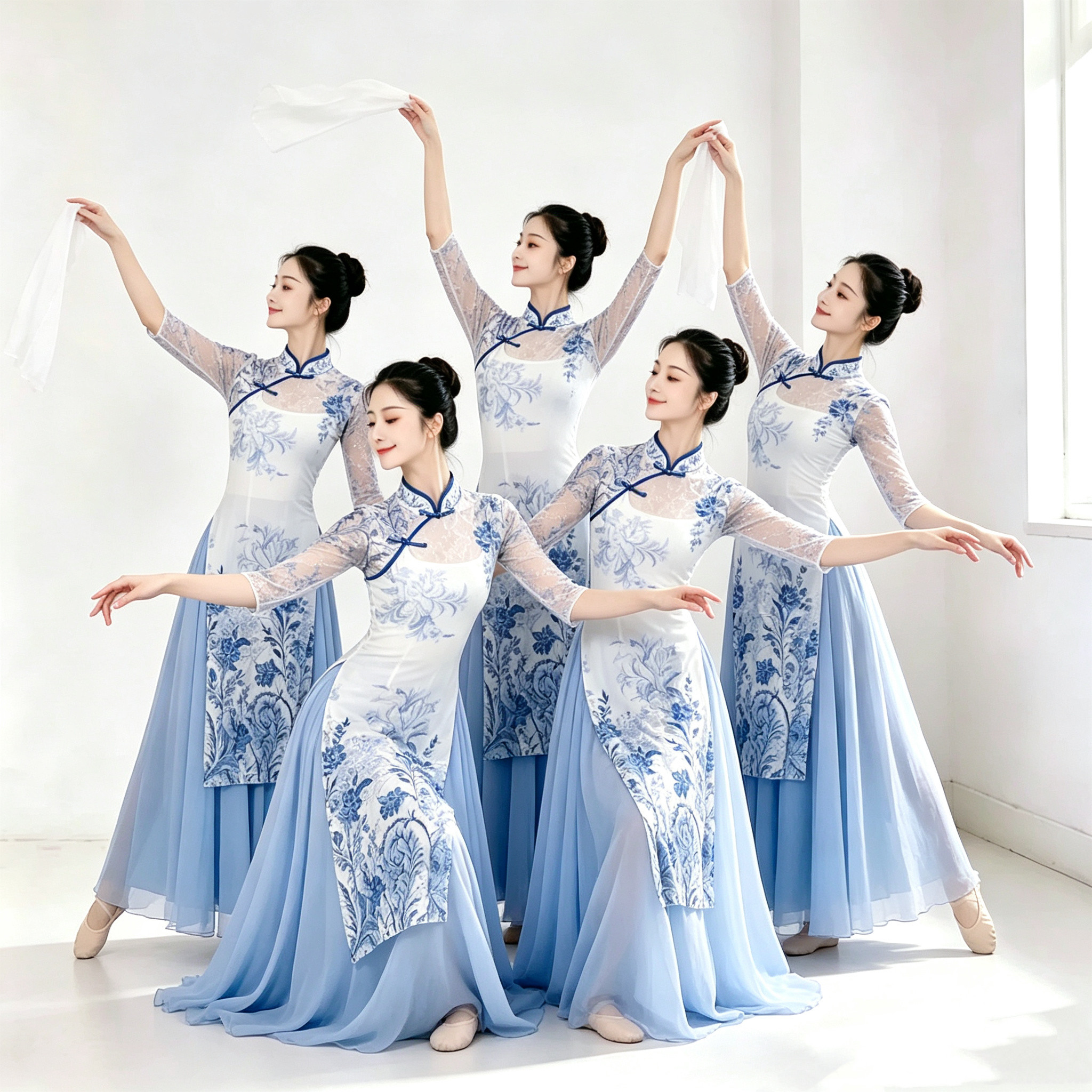 新款古典舞蹈服旗袍套装雅致青花瓷身韵纱衣中国风舞蹈演出服飘逸图片