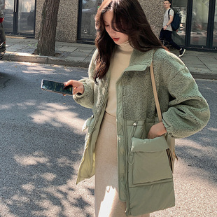 2020羊羔绒外套女拼接羽绒棉服棉衣女中长款加厚宽松 大口袋棉袄