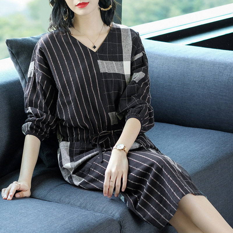 淘宝一键铺货2018秋新品欧美女装长袖宽松大码拼接格子麻棉连衣裙