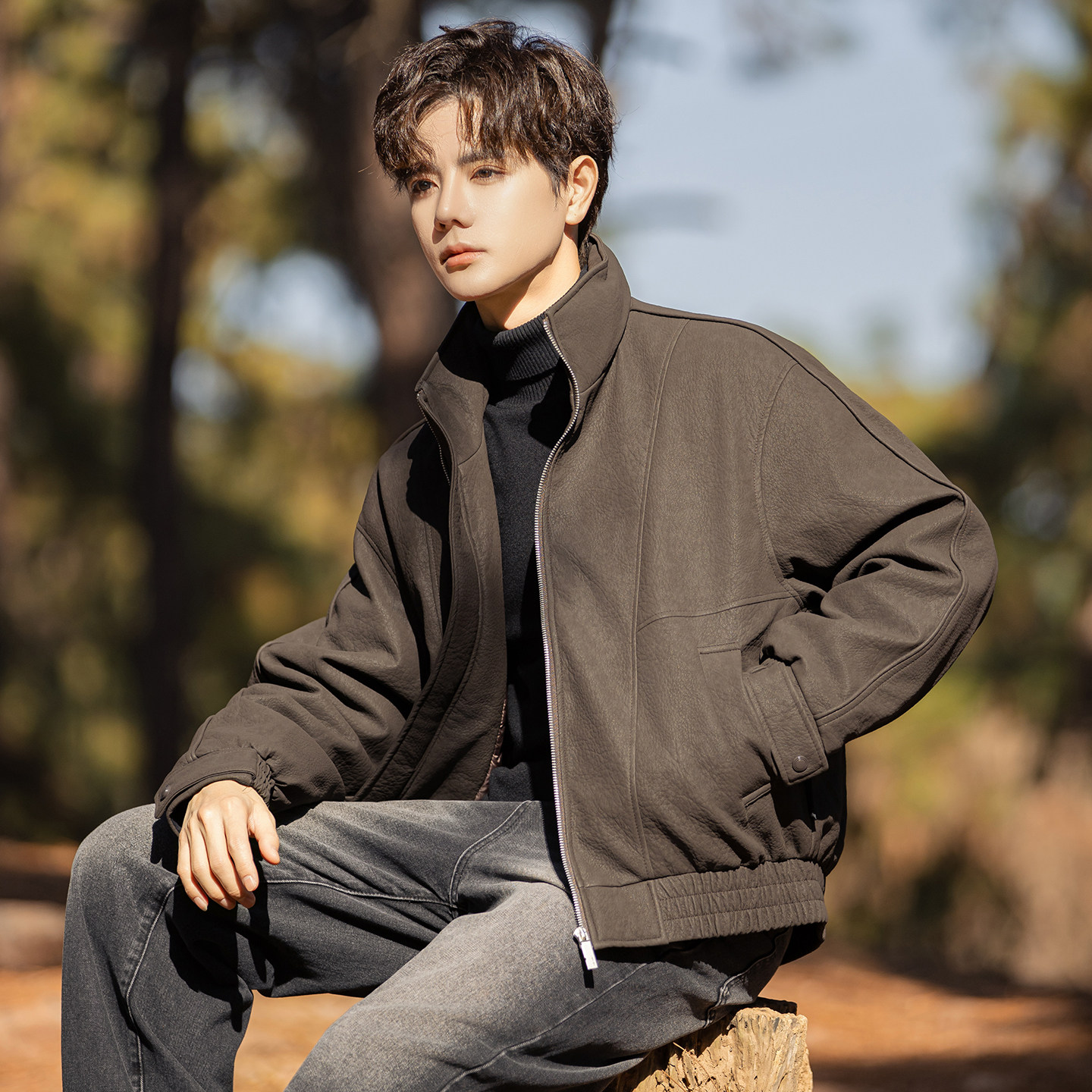 2025冬男微宽松立领标90白鸭绒皮羽绒服A230-2586-P268(控368)，男装羽绒服，电商A230